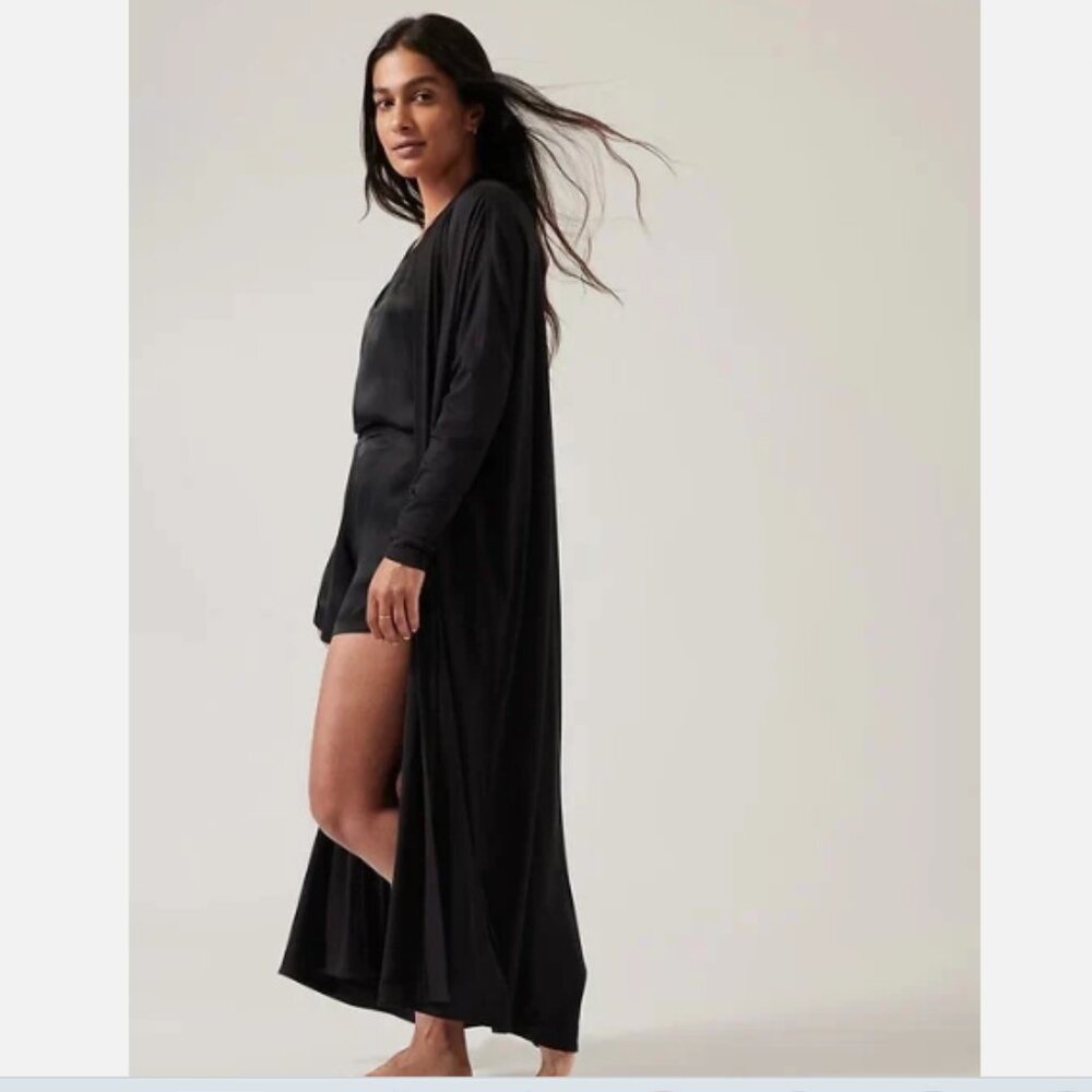 EUC ATHLETA Modal MAXI Cardigan Robe Black Open Front Sz S/M OVERSIZED